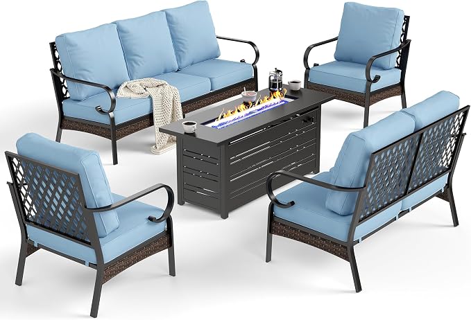 SUNSHINE VALLEY 5 Piece Metal Outdoor Patio Furniture Sets with Firepit Table, Patio Conversation Sets 1 3-Seater Sofa, 1 2-Seater Loveseat, 2 Single Sofa with 5.75" Cushion for Backyard Deck, Blue