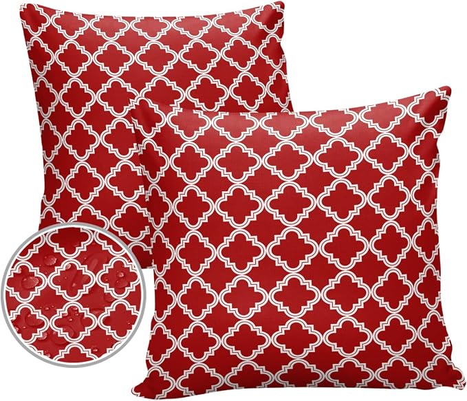 Outdoor Waterproof Pillow Covers for Patio Furniture Moroccan Pattern Decorative Throw Pillow Cover Geometric Trellis Red Pillowcases Set of 2 Cushion Case for Sofa Couch Chair Home Decor 18x18 inch