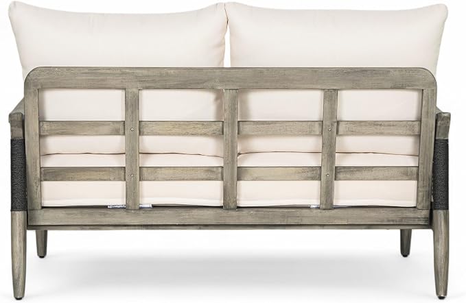 Merax 2-Piece Acacia Wood Patio Loveseat Set with Coffee Table | Grey Acacia Frame, Woven Rope Loveseat, Thick Beige Cushions, Arc Coffee Table For Porch, Garden, Backyard Or Balcony