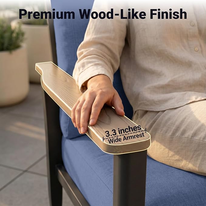 Aluminum Swivel Rocking Chairs with Ottomans, 5-Piece Outdoor Patio Furniture Set, Metal Gliders with Side Table, Wood-Like Armrests & 5.1" Thick Cushions for Porch, Navy Blue