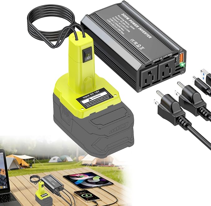 300W Power Inverter Compatible with Ryobi 18V Battery, DC 18V to AC 110V Battery Converter with PD 65W Type-C Fast Charging & 2 AC Outlets & 18W USB-A Port Portable Power Station for Camping