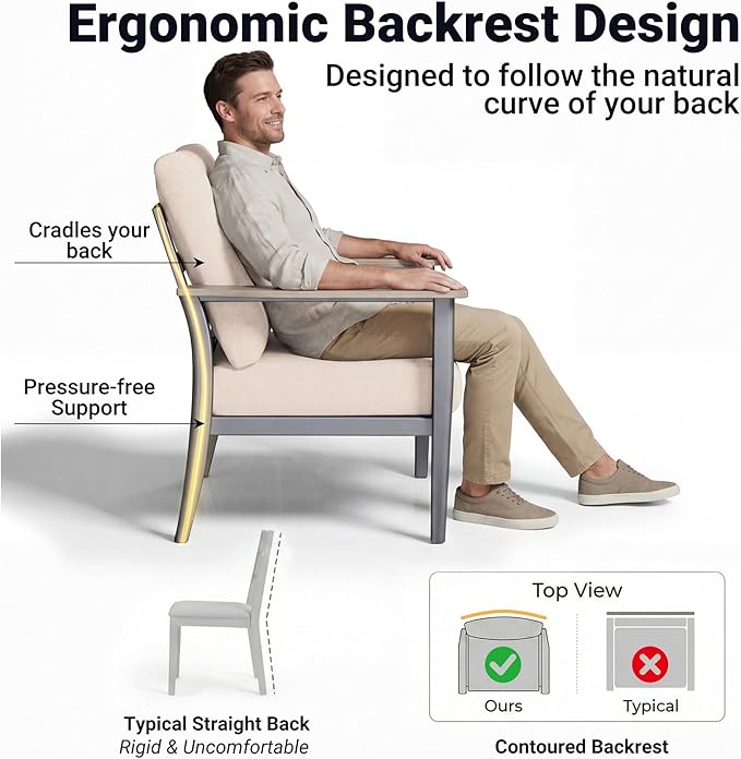 Aluminum Patio Chairs Set of 2, Modern Outdoor Armchairs with Wood-Like Armrests & 5.1" Thick Cushions, Wide Seat Balcony Furniture for Porch, Deck, Khaki