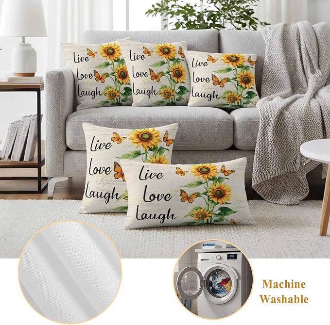 Live Love Laugh Outdoor Waterproof Throw Pillow Covers Set of 2, 24"x24", Sunflower Butterfly Rustic Watercolor Floral Decorative Pillow Covers Outside Cushion Case for Patio Porch Garden