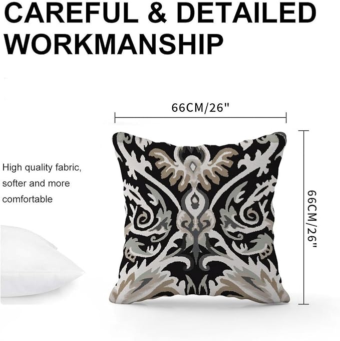 Ikat Black Brown Throw Pillow Covers Euro Sham Charcoal Cushion Cover 26x26 INRustic Accent Decorative Cushion Cases Home Decor for Patio Funiture Garden
