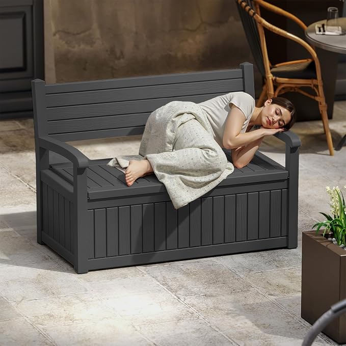EasyUp 100 Gallon Wood Grain Style Outdoor Storage Bench, Waterproof and Lockable Deck Box Outdoor Storage Furniture for Patio,Garden,and Porch – Perfect for Storing Garden Tools and Cushions(Black)
