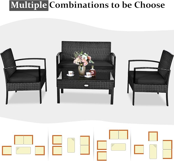 HAPPYGRILL 8-Piece Patio Conversation Set Outdoor Rattan Wicker Sofa & Coffee Table Furniture Set for Patio Garden Poolside