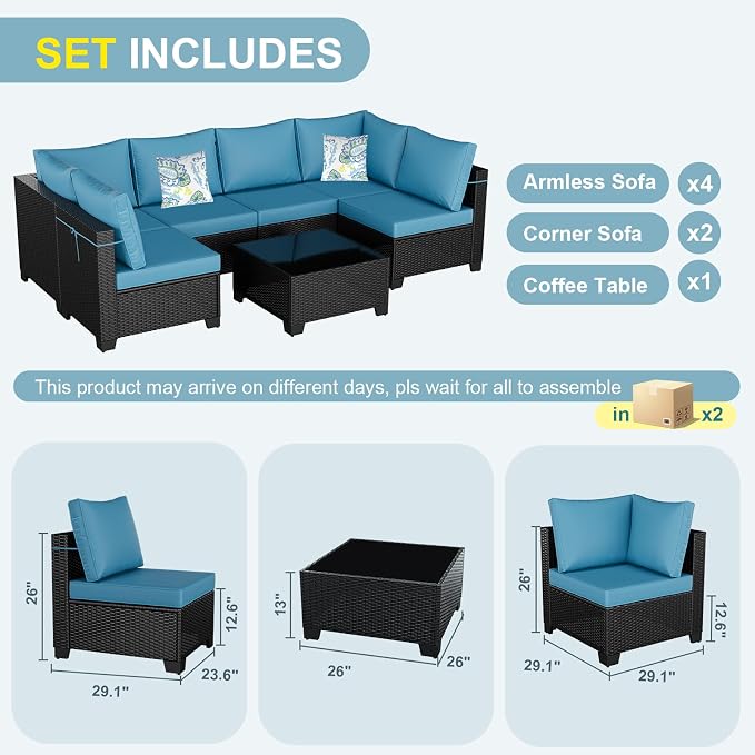 Outdoor Patio Furniture Set, Wicker Patio Chairs with Thick Cushions (Coffee and Peacock Blue, 7pcs Sofa Set)