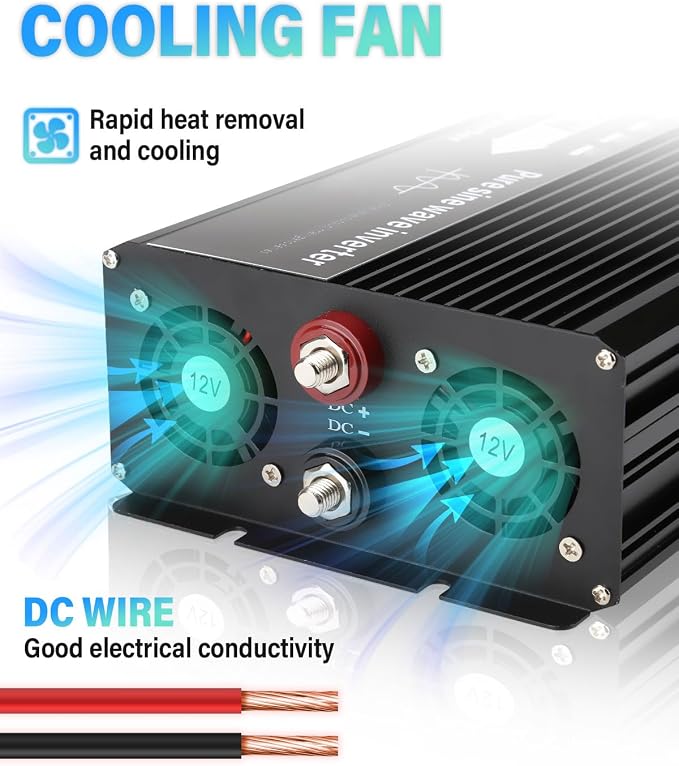 NIHAO 3000W Power Inverters DC 12V to 110V AC Converter with LCD Display, 2 International Socket and Battery Clips for Home, RV, Outdoor, Camping, Boat, Black