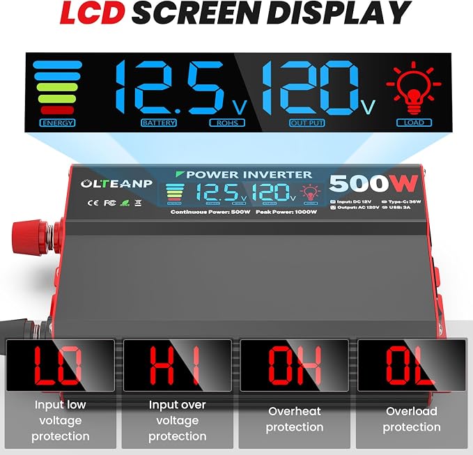 OLTEANP 500 Watt Power Inverter 12V DC to 110V/120V AC Inverter with LCD Screen Display, 2 AC Outlets, 36W Type-C Port, 5V/3A USB Port, Car Power Converter for Truck, Home, Vehicles, Laptop, Trip