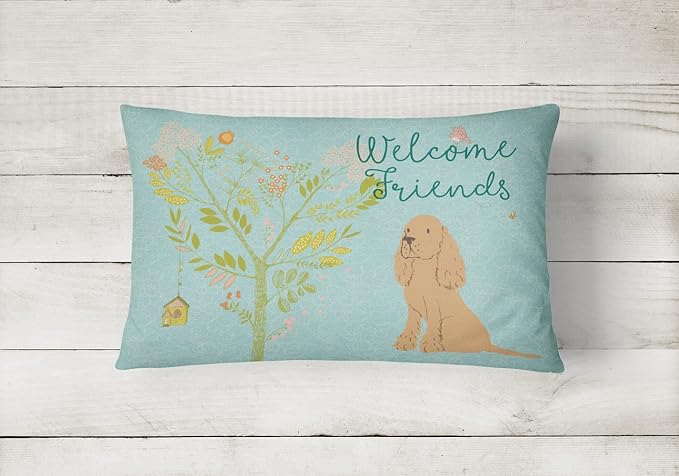 Caroline's Treasures BB7619PW1216 Welcome Friends Buff Cocker Spaniel Canvas Fabric Decorative Pillow Machine Washable, Indoor Outdoor Decorative Pillow for Couch, Bed or Patio, 12HX16W