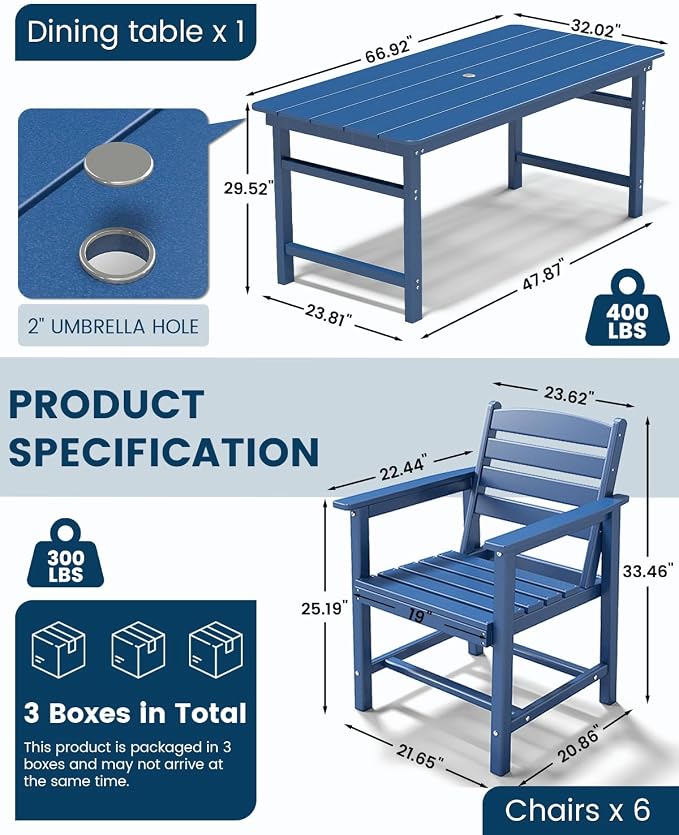 FOOWIN 5-Piece Patio Dining Sets Outdoor Table and Chairs HDPE Outdoor Dining Set with Umbrella Hole,Outdoor Furniture Dining Set for 4 Blue