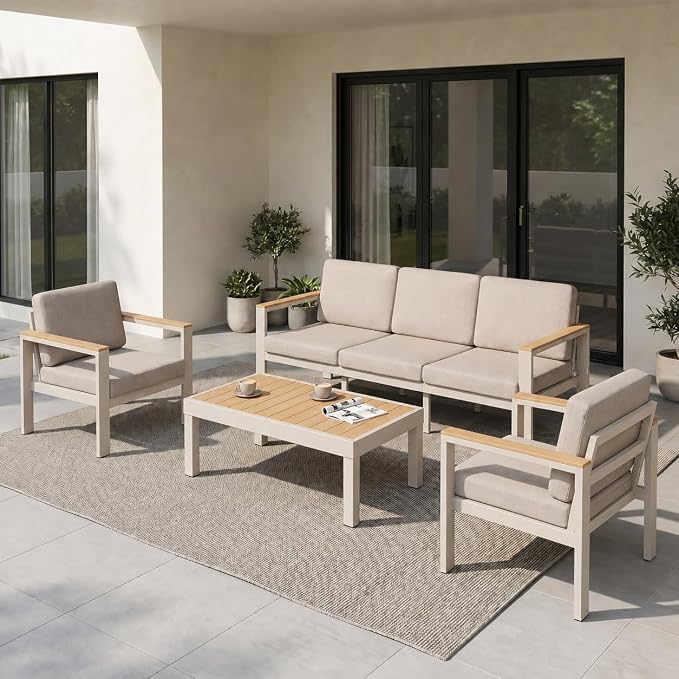 Outdoor Patio Furniture Set, 4-Piece Aluminum Conversation Set with 3-Seat Sofa, 2 Chairs and Coffee Table, 5-Inch Water-Resistant Cushions for Backyard, Deck, Poolside, Beige