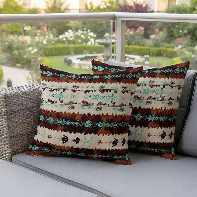 Western Aztec Outdoor Pillow Covers 20"x20" Set of 2, Brown Turquoise Tribal Ethnic Geometric Waterproof Throw Pillow Covers for Patio Furniture, Decorative Cushion Covers for Porch