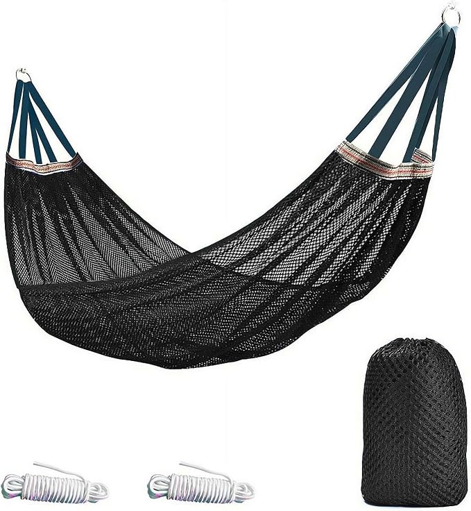 Outdoor Hammock, Load Bearing Camping Hammock, Super Soft and Breathable Nylon Mesh Hammock, with Portabl Carry Bag, Handwoven Mayan Family Hammock, for Outside Outdoor Patio Backyard (Black)