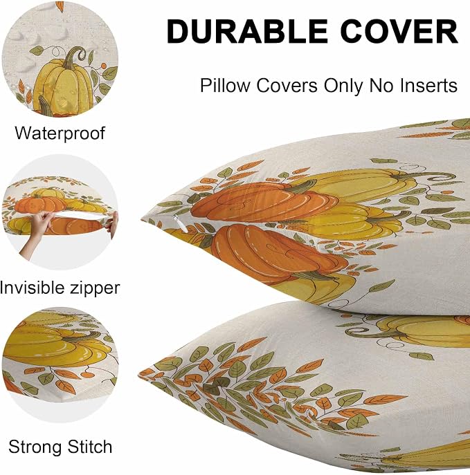 Orange Pumpkins Outdoor Waterproof Pillow Covers, Fall Yellow Leaves Vintage Beige Rustic Decorative Square Throw Pillowcase Sofa Cushion Sham for Patio/Couch/Chair, 26"x26" 2 Pack