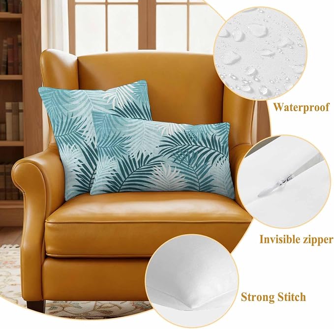 Outdoor Waterproof Throw Pillow Covers, Teal Palm Leaves Decorative Pillow Cases, Summer Botanical Tropical Leaf Couch Pillow Protector Patio Sofa Cushion Covers Replacement 20"x20" 2 Pack