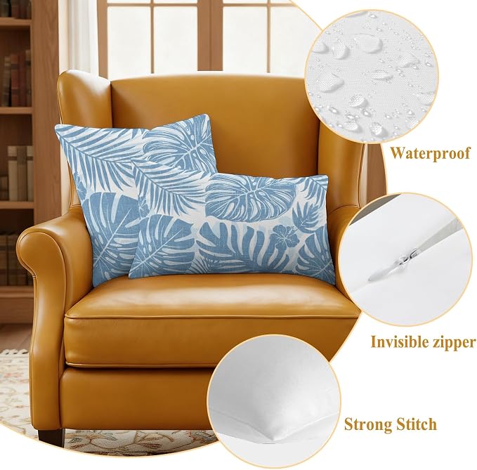 Coastal Blue Palm Leaves Outdoor Pillow Covers 20"x12" Set of 2, Tropical Botanical Minimalist Modern Waterproof Throw Pillow Covers for Patio Furniture, Decorative Cushion Covers for Porch