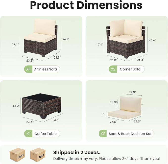 Soohow 7-Piece Patio Furniture Set, Outdoor Conversation Set, Thickened All-Weather Rattan Sectional Sofa with Tempered Glass Table for Garden, Porch, Backyard - Beige Cushions
