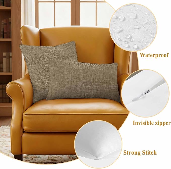 Outdoor Waterproof Throw Pillow Covers Set of 2 Brown Linen Pillowcases 24x24 Inches Farmhouse Pure Color Decorative Pillows Cushion Case Patio Pillows for Couch Bed Chair Garden