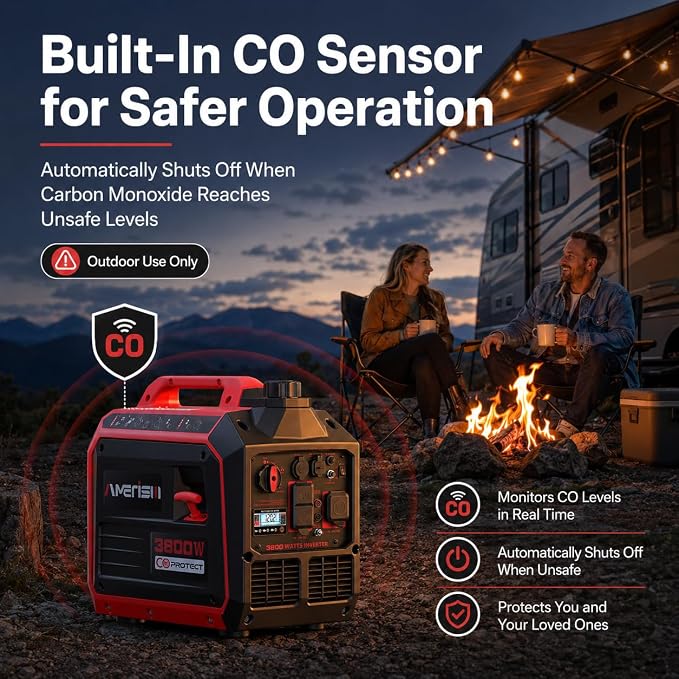 AMERISUN Portable Inverter Generator, 3800W Gas Powered Generator, Super Quiet for Home Use, ECO Mode, CO Sensor, Parallel Capable Long Run Time for Camping Tailgating, EPA Compliant