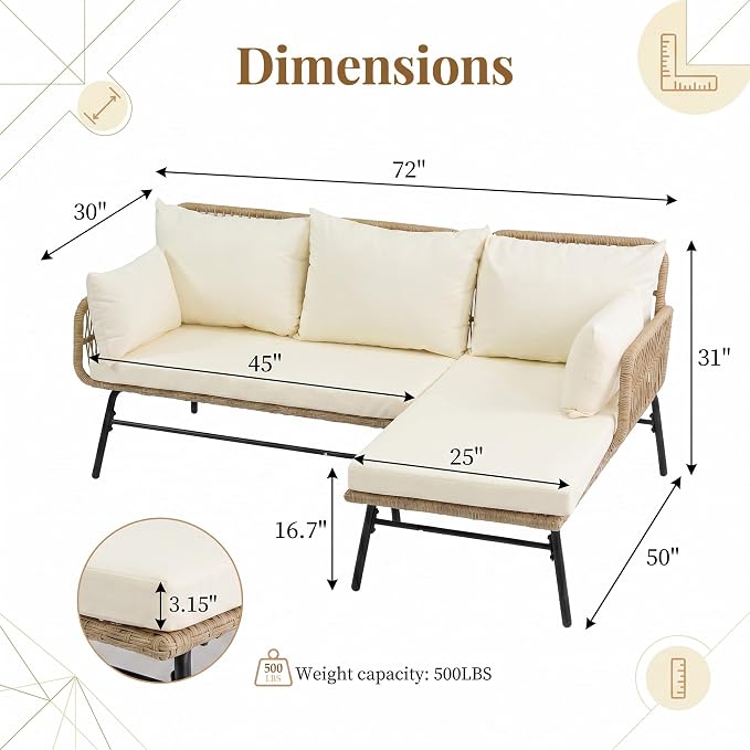 NICESOUL Boho L-Shaped Outdoor Patio Furniture Set with Comfy 3" Thickened Cushion, High Back Wicker Lounge Sectional Sofa for Porch Balcony Deck Garden, Beige