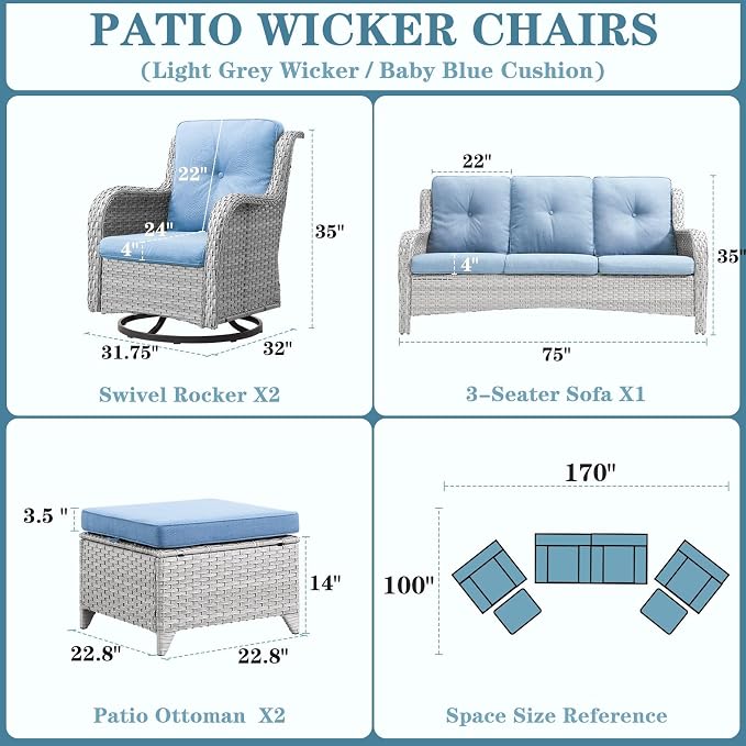 Wicker Patio Furniture Set: 5 Piece Outdoor Conversation Sets with Swivel Rocker Chairs Patio Couch Ottomans, All Weather Rattan Outdoor Furniture Seating for Porch Balcony, Light Grey