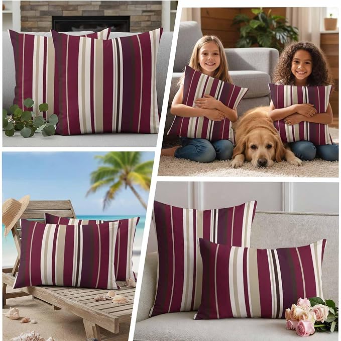 Outdoor Waterproof Throw Pillow Covers Set of 2 Red Striped Lumbar Pillowcases 20x12 Inches Geometric Beige Stripes Decorative Pillows Cushion Case Patio Pillows for Couch Bed Chair Garden