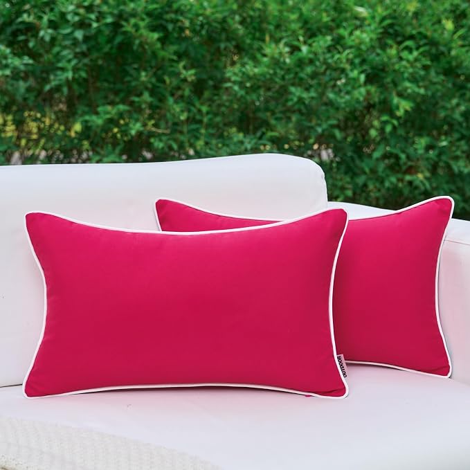 LIGICKY Pack of 2 Hot Pink Outdoor Waterproof Throw Pillow Covers Decorative White Edge Rectangle Pillows Cushion Case Outside Pillowcase for Patio Couch Tent Sunbrella (12x20 inch)