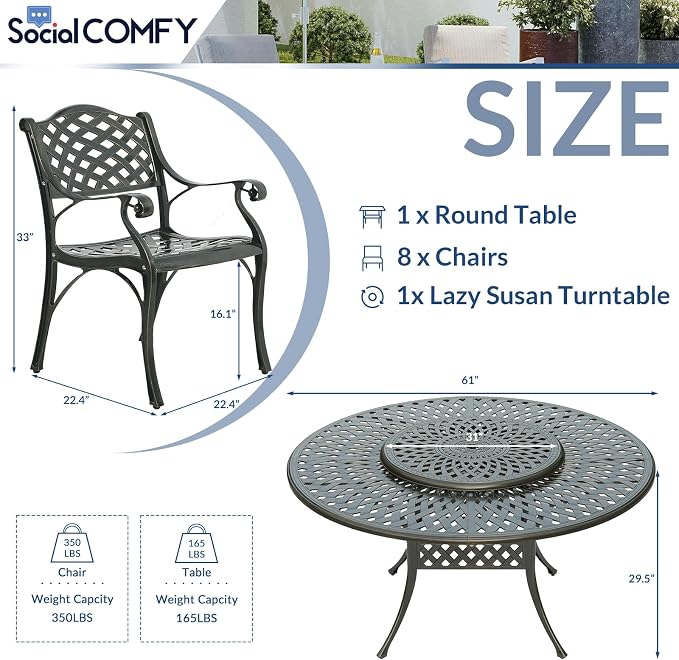 9-Piece Patio Cast Aluminum Dining Set, All Weather Outdoor Dining Furniture Set for 8 Person, Includes 8 Dining Chairs and 61" Large Round Dining Table w/ 31" Lazy Susan, Umbrella Hole