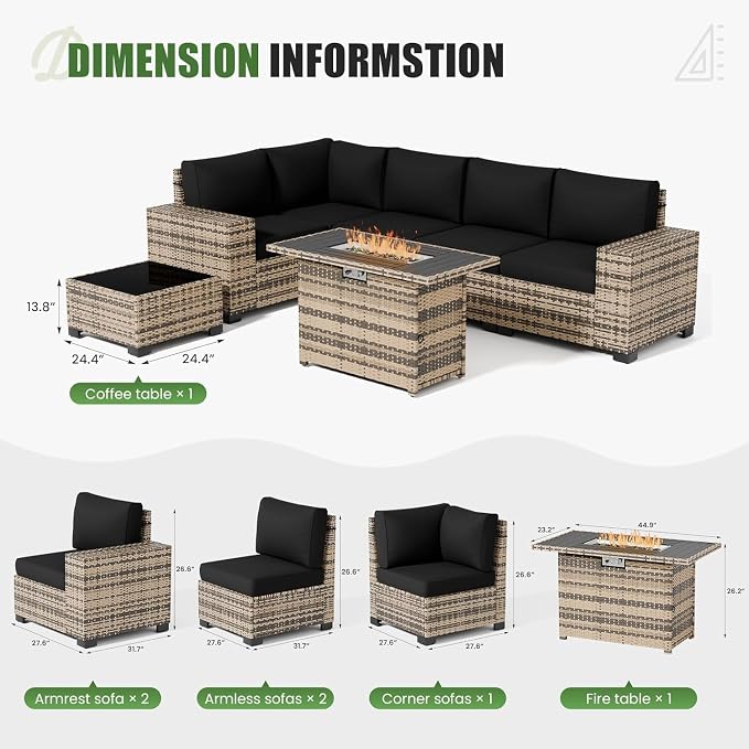 UDPATIO Patio Furniture Set with Fire Pit Table, L-Shaped 8" Armrest Sectional Set, All-Weather PE Rattan Conversation Furniture w ‌Thick Cushions, Coffee Table for Outdoor Backyard Porch Black