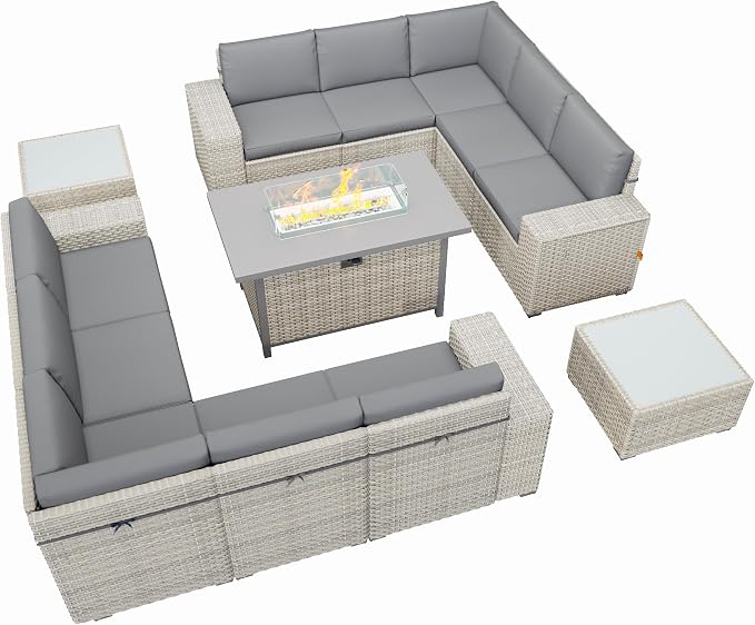 13 Piece Patio Furniture Set with 50,000 BTU Rattan Fire Pit Table that Converts to Coffee Table, 9.8" Wide Arm Sectional Sofa with Storage Armrests, Outdoor Rattan Conversation Set, Grey