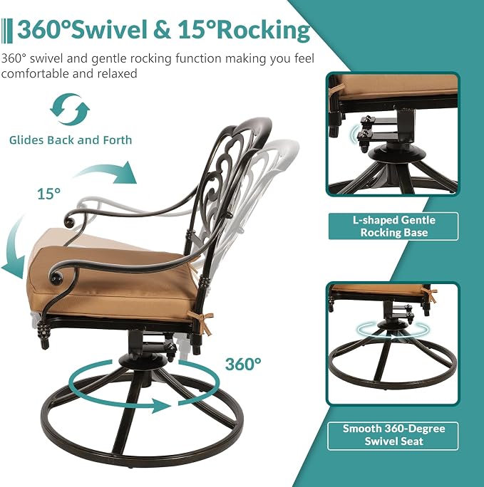 MEETWARM 9-Piece Outdoor Patio Dining Set for 8, All Weather Cast Aluminum Patio Funiture Table and Chairs Set- 94.5” Rectangular Table and 8 Cushioned Swivel Rocker Chairs, 2" Umbrella Hole, Khaki