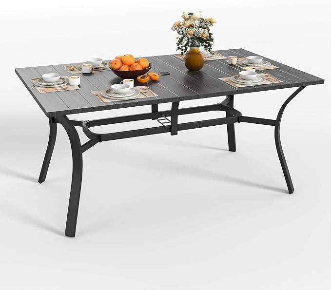 KEIKI Waterproof Patio Table and Chairs for 6, 7-Piece Outdoor Patio Dining Set, 63" x 38" Rectangular Wood-Grain Metal Table with Umbrella Hole for Lawn Garden Backyard, Black