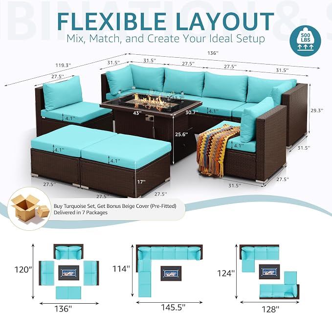 NICESOUL Large Outdoor Patio Furniture Set with Firepit Propane/Natural Gas, High-End Deep Seats Wicker Modular Sectional Sofas for 8, 29.3'' High Back Conversation Sets, Brown Rattan and Teal Cushion