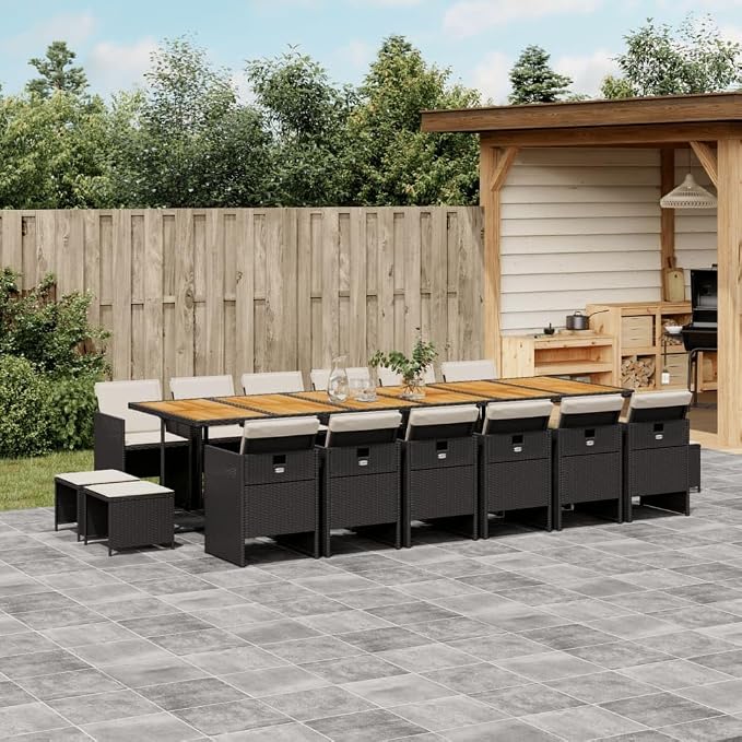 17 Piece Patio Dining Set with Cushions Black Poly Rattan Outdoor Rattan Wicker Table and Chairs for Garden Backyard Dining Entertainment Relaxing