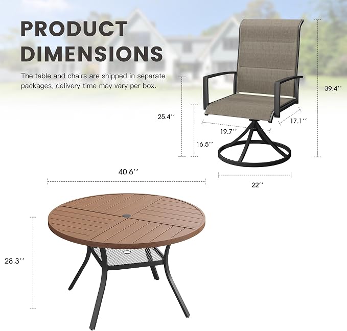 Outdoor Dining Set for 4, 40.7" Outdoor Dining Table with Umbrella Hole and Padded Textilene Patio Swivel Chairs, 5 Pieces Patio Table and Chairs Set for Garden Backyard, Mixed Brown and Walnut