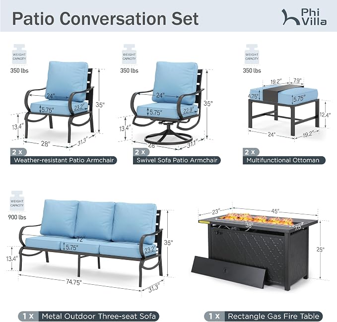PHI VILLA 8 PCS Patio Furniture Set with Fire Pit Table,Metal Outdoor Furniture with 1 x 3-Seat Bench Sofa, 2 x Swivel Sofa Chairs, 2 x Leg Chair & 2 x Ottoman, Modern Patio Set, Light Blue