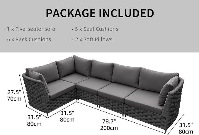 TWT 5-Piece Modular Outdoor Sectional Sofa Set, 5-Seater Woven Rope Patio Conversation Couch with Water-Resistant Cushions, for Backyard Balcony Deck, Dark Gray