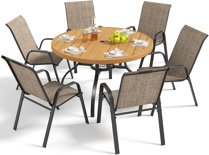 Outdoor Patio Dining Set for 6, 7 Pieces Patio Table and Chairs Set with Umbrella Hole, 47"x 47" Round Metal Wood-Grain Dining Table Set with 6 Stackable Patio Chairs for Deck , Backyard, Porch