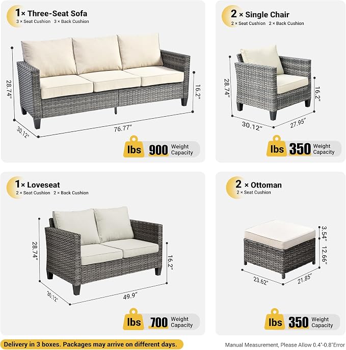 ovios 6 Pieces Patio Furniture Set, Outdoor Wicker Rattan Sofa Couch with Loveseat, Chairs, Comfy Cushions, Conversation Sets for Porch Deck Garden, Beige