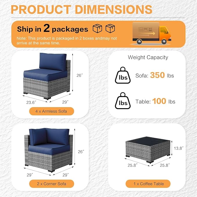 MOCHITO 5 Pcs Outdoor Patio Furniture Sets Grey Rattan Blue Cushions | All-Weather Sectional Sofa, with Glass Table, PE Rattan Wicker Patio Furniture , Washable Cushions, for Balcony Porch Garden