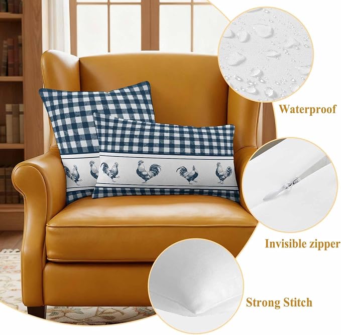 Outdoor Waterproof Throw Pillow Covers Set of 2 Chicken Cock Rooster Pillowcases 24x24 Inches Farmhouse Animal Blue Plaid Decorative Pillows Cushion Case Patio Pillows for Couch Bed Chair Garden