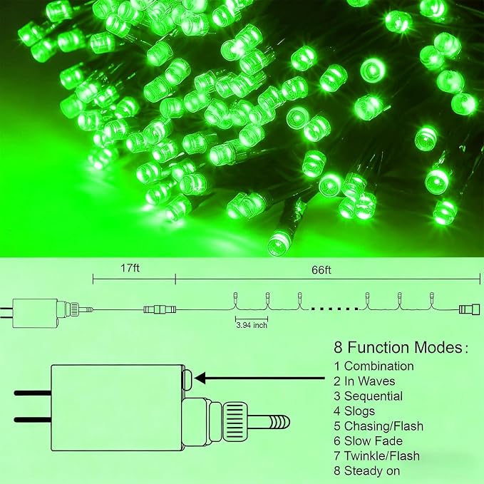 HOME LIGHTING 200 LED 66FT Christmas String Lights, St Patricks Day Fairy Lights with 8 Lighting Modes, String Mini Light Plug in for Indoor Outdoor Tree Garden Wedding Party Decoration, Green