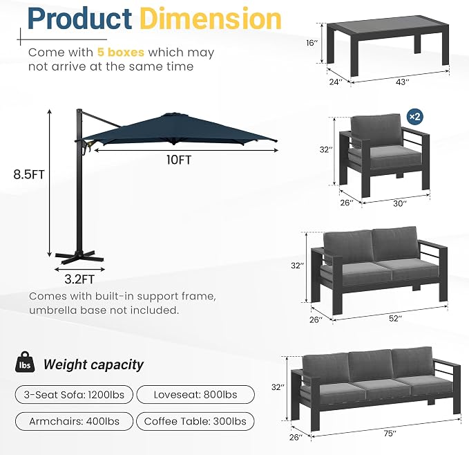 Wisteria Lane 6 Pieces Aluminum Patio Furniture Set with Umbrella, All Weather Oversized Outdoor Furniture Set with Deep Seat and Back Cushion, Patio Conversation Sets with Wide armrest, Gray & Navy
