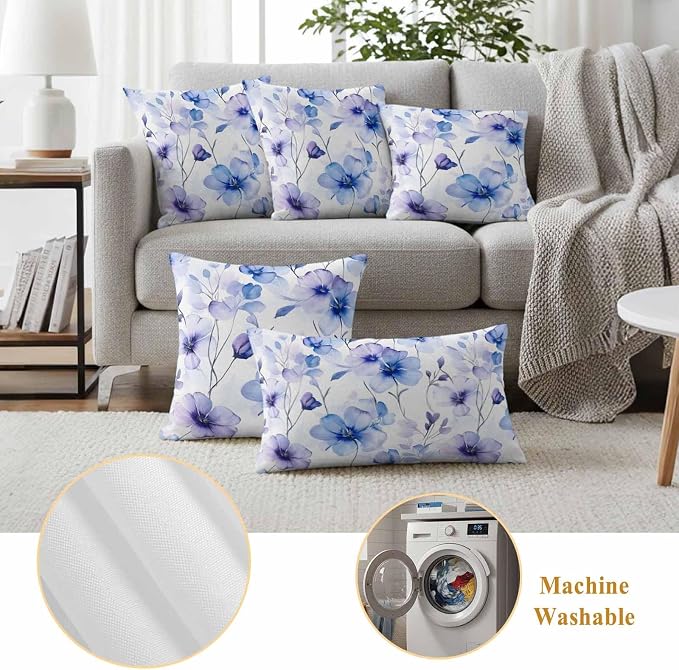 Purple Blue Outdoor Waterproof Throw Pillow Covers Set of 2, 20"x12", Gradient Flowers Pansy Watercolor Botanical Decorative Pillow Covers Outside Cushion Case for Patio Porch Garden