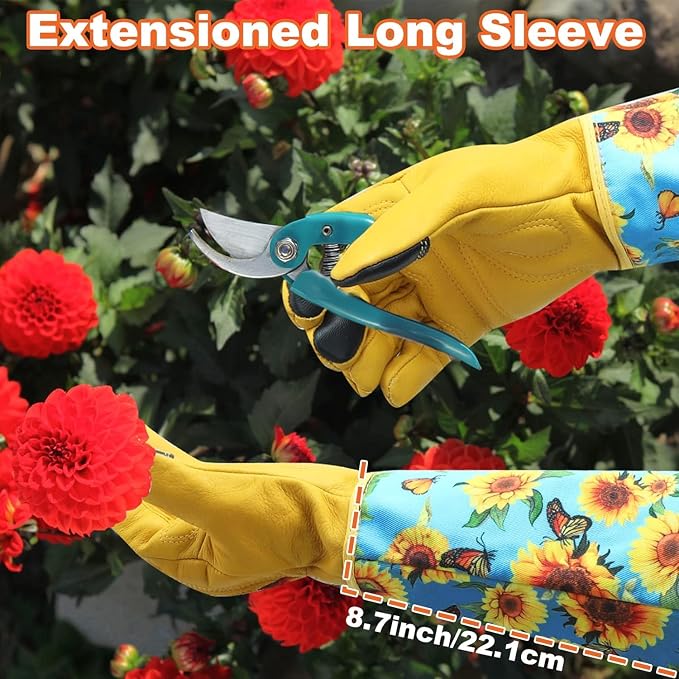 DLY Garden Gloves for Women,Gardening Gloves,Gardening Gift for Lady,Blue,S | Thornproof Cowhide Palm, Foam-Padded Grip, Long Sunflower Print Cuff, 3-Finger Touchscreen, Rose Pruning, Weeding & Yard Work