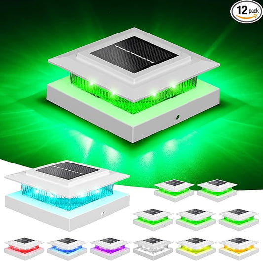 NIORSUN 4x4 Post Solar Lights Color Changing,Solar Post Light,12 Pack White | RGB Solar Post Cap Lights for 4x4 Post Caps Wood Vinyl,5x5 Vinyl,IP44 Waterproof Fence Post Solar Lights Outdoor for Deck
