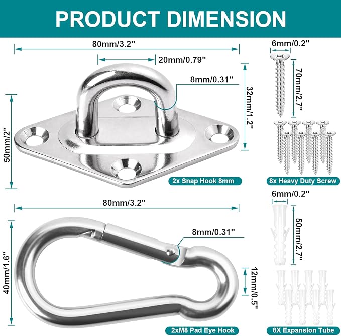 Heavy Duty Hammock Hanging kit - 1000 lb Capacity Swing Hooks, Ceiling Hooks for Wall/Ceiling Mount, Indoor & Outdoor - Stainless Steel (Medium)