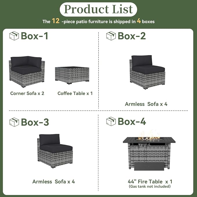 Aoxun 12 Piece Patio Furniture Set with 44” Fire Pit Table Wicker Rattan Outdoor Sectional Sofa Set with Coffee Table and Thickened Cushions, Grey/Black