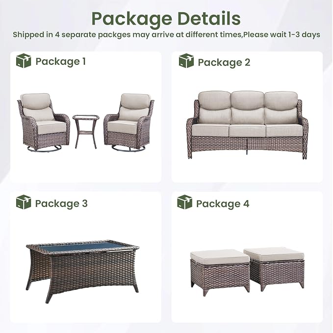 Luxury Patio Furniture Set 7pcs with 6-inch Cushion, Outdoor Furniture with Coffee Table, Swivel Chairs, Sofa, Side Table, Ottomans, Patio Set for Deck Yard and Poolside Brown Wicker | Beige Cushions